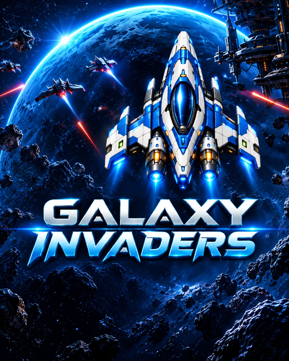 Ilustración de Galaxy Invaders: la nave Viper sobre un planeta azul