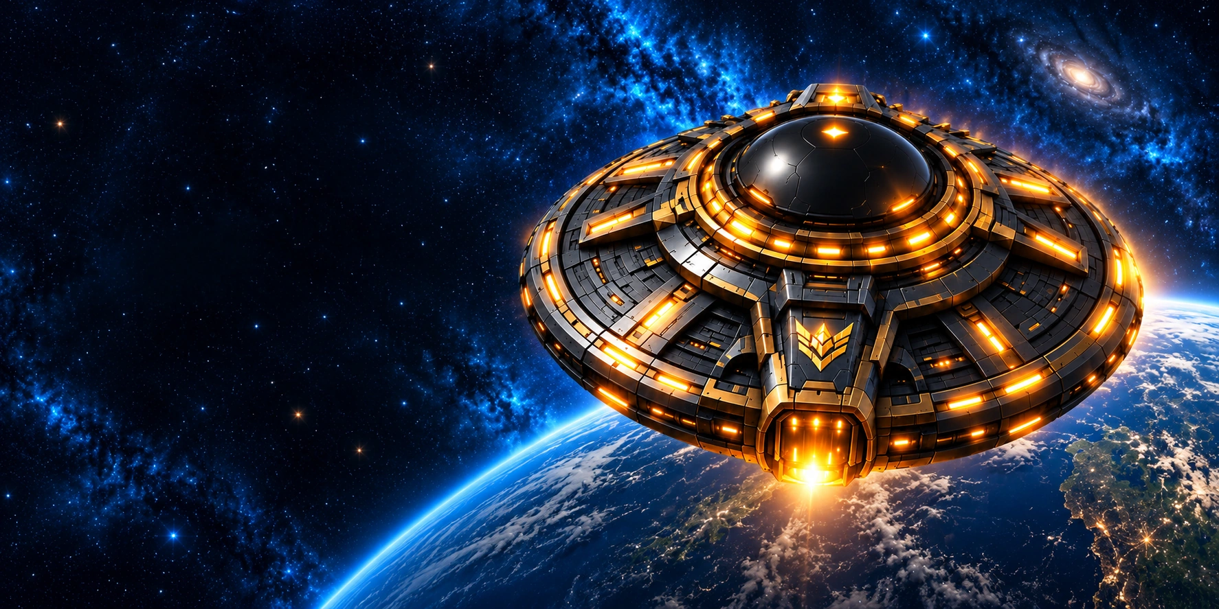 Composición de Galaxy Invaders con su nave dorada sobre el horizonte de un planeta